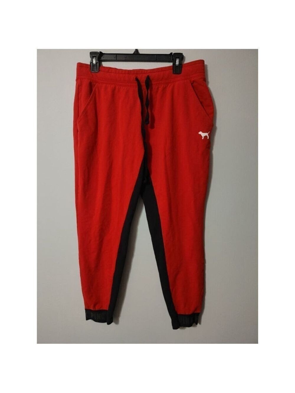 Women's PINK Victoria's Secret Cranberry Red Black Monogram logo Joggers L